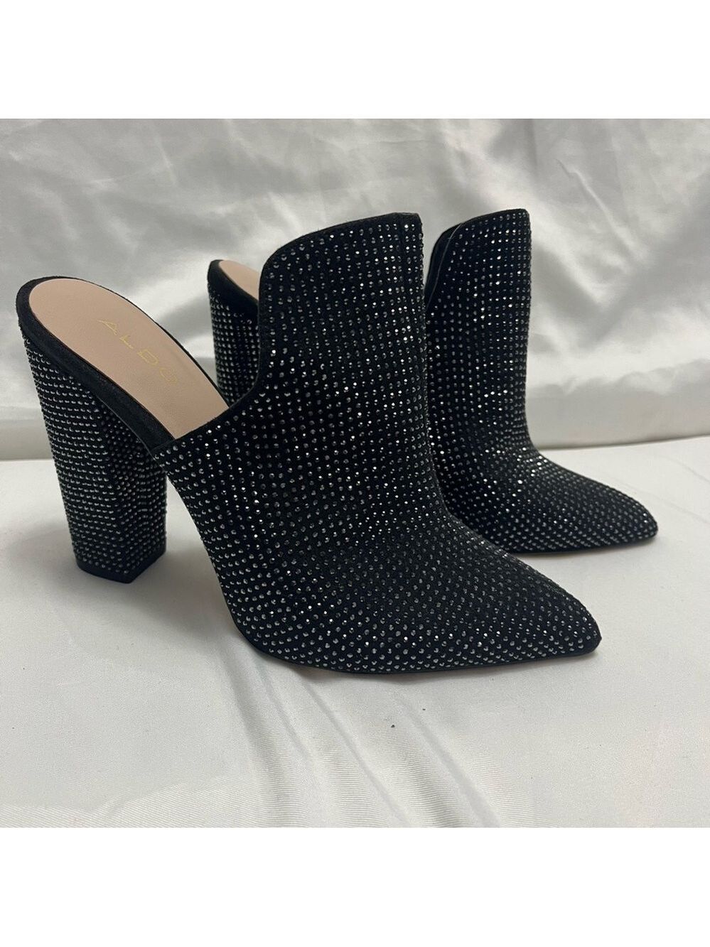 Aldo Rhinestone Crystal Embellished Mules Heels Black 7.5 - Picture 3 of 12